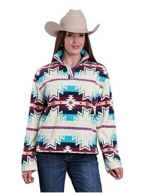 Roper Fleece Pullover Jacket Teal and Plum Aztec Accents 1/4 Snap Size Medium